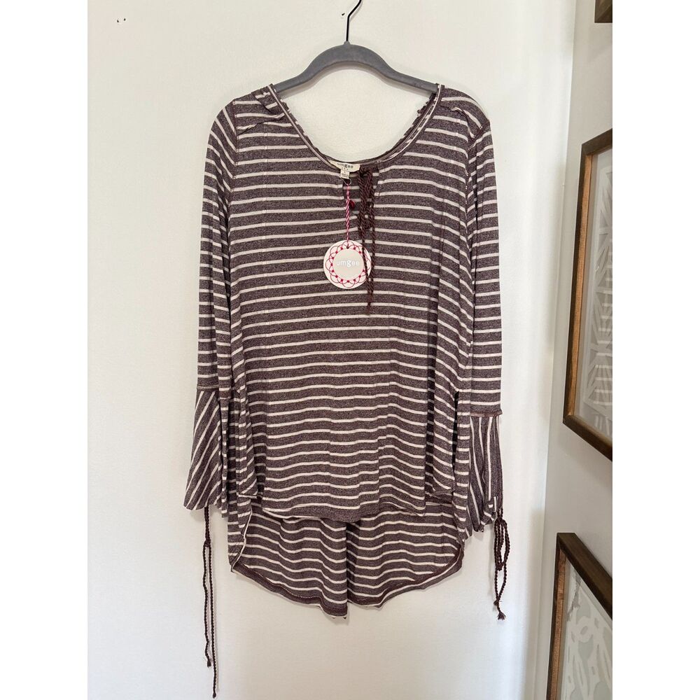 Umgee Striped Boho Chic Tunic‎ Top L Bell Sleeve High Low Boutique Western
